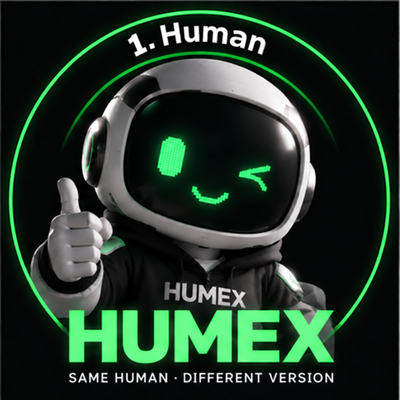 Human astronaut mascot with a green smiling visor and HUMEX branding